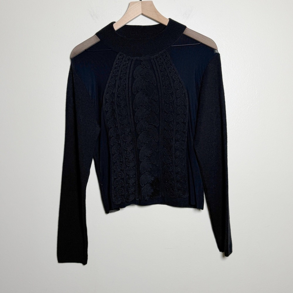 G.P. & F. Womens Wool Blend Sweater XL Black Sheer Mesh Soutache Italy Mock Neck